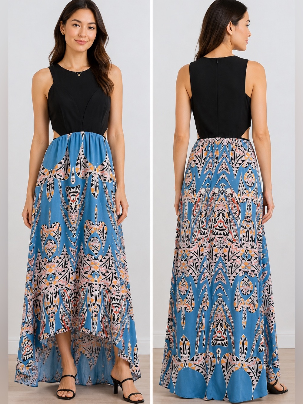 MYNE Silk Cutout Maxi Dress Blue Geometric Print Sleeveless Size 6